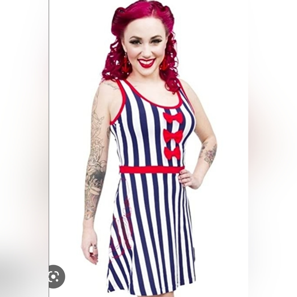XXL sourpuss nautical stripe skater dress with red accents and bows.